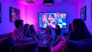 Dynamic scene of a group enjoying a sex game in a stylish gaming room.