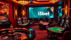 I5bet players enjoying exciting roulette and poker games at a luxury casino.