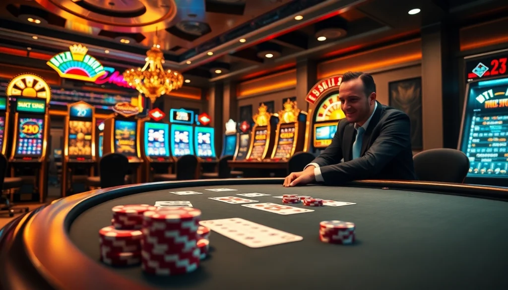 Experience the thrill of gambling at 23win with vibrant slot machines and a luxurious poker table.