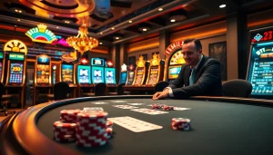 Experience the thrill of gambling at 23win with vibrant slot machines and a luxurious poker table.