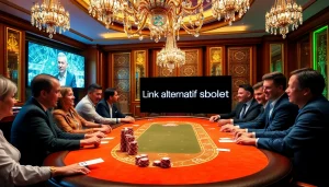 Excited players at a poker table enjoying the thrill of link alternatif sbobet in an elegant casino atmosphere.