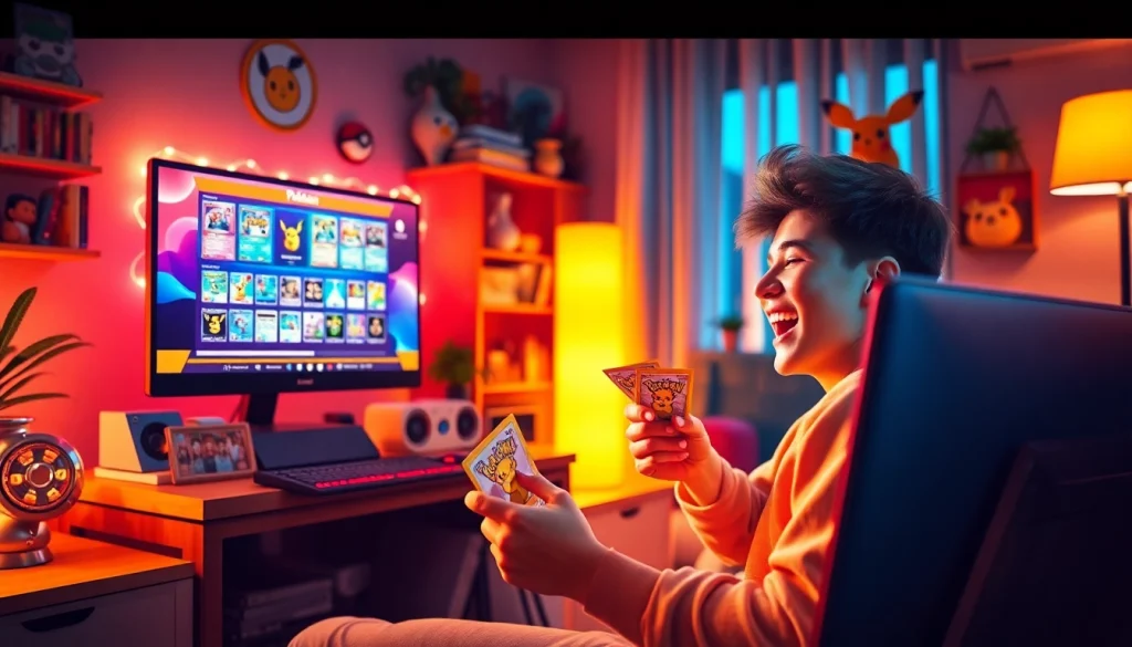 家庭でポケモンカードのくじ引きに参加者が喜んで関与している様子を捉えた、オンラインオリパ無料の興奮イメージ。