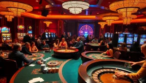 Experience thrilling gambling action in this vibrant casino scene featuring 'caffolding Bolton' promotional banners amidst the excitement of poker and roulette.