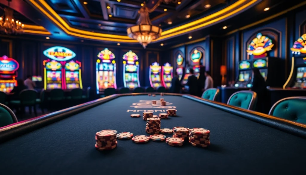 Engage in thrilling TT88 gameplay at a glamorous casino table surrounded by vibrant slot machines.