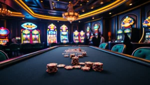 Engage in thrilling TT88 gameplay at a glamorous casino table surrounded by vibrant slot machines.