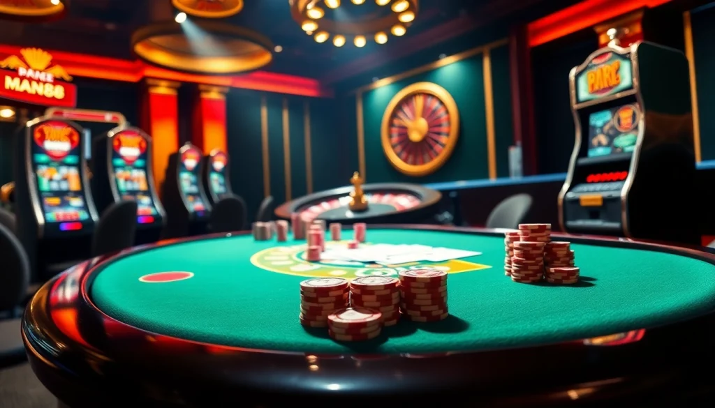 Experience high stakes gaming at Man88's glamorous online casino with vibrant poker tables and slot machines.