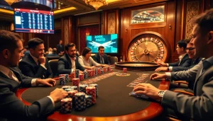 Gamblers engaging at a poker table while using Anchortext 1 for strategic betting insights.