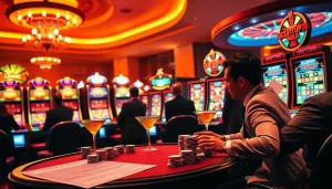 Adegan permainan slot pulsa yang seru di kasino mewah.
