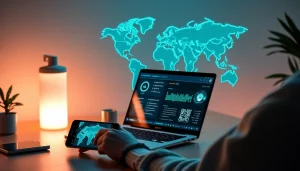 快连下载 on a laptop in a modern workspace, showcasing global connectivity and user-friendly interface.