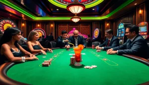 A vibrant poker room scene at k9k9 casino filled with engaged players, colorful poker chips, and action-packed ambiance.