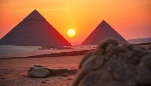 Witness the majestic piraminds of Giza against a stunning sunset, showcasing their ancient glory.