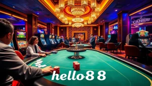 Hello88 showcases an exciting casino atmosphere filled with poker tables, chip stacks, and roulette wheels.