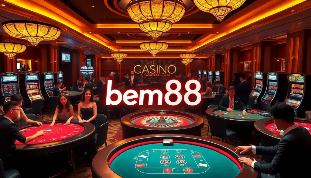 Exciting casino scene featuring bem88 logo and gaming tables with poker, roulette, and slot machines.