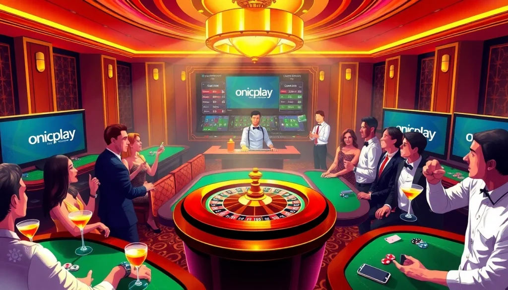 Players enjoying a lively casino game centered around onicplay with poker chips and a roulette wheel.