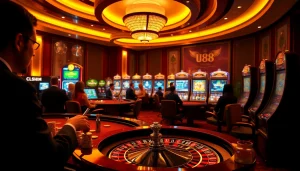 Experience thrilling gameplay at u 888's luxurious casino with poker chips and a roulette wheel.