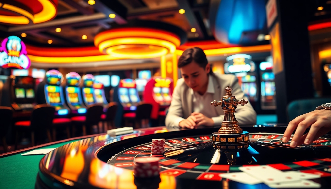 Experience the thrill of gambling at 388bet with a vibrant casino scene featuring roulette and poker.