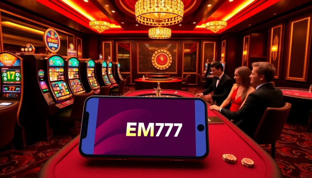 Players enjoying a thrilling game at EM777 casino, showcasing vibrant slot machines and poker tables.