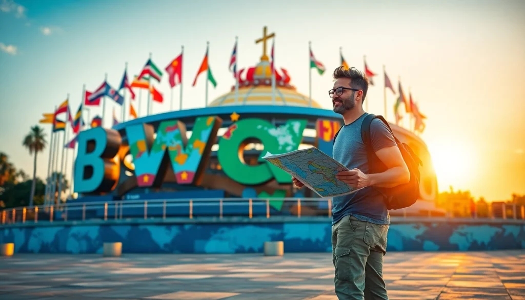 Explore round the world destinations through a vibrant traveler's journey at iconic landmarks.