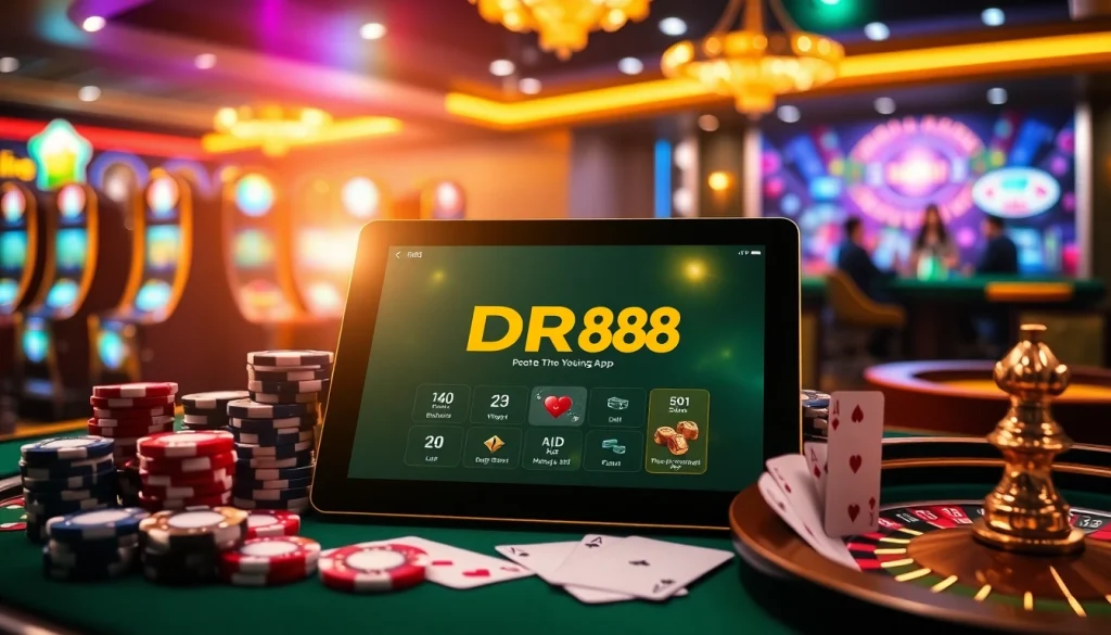 Experience the thrilling DR88 app in an exciting casino setting with poker chips and cards.