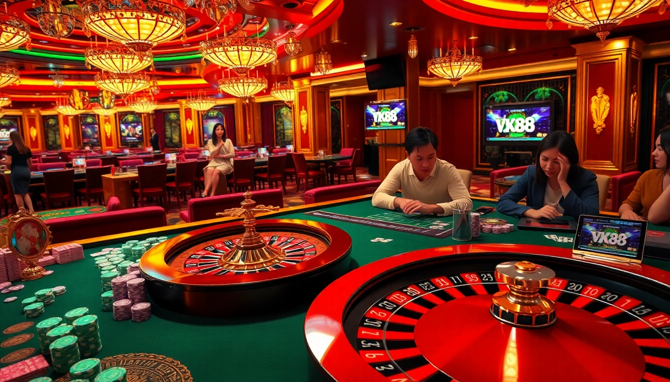 VK88 players enjoying a thrilling casino experience at vibrant tables with cards and chips.