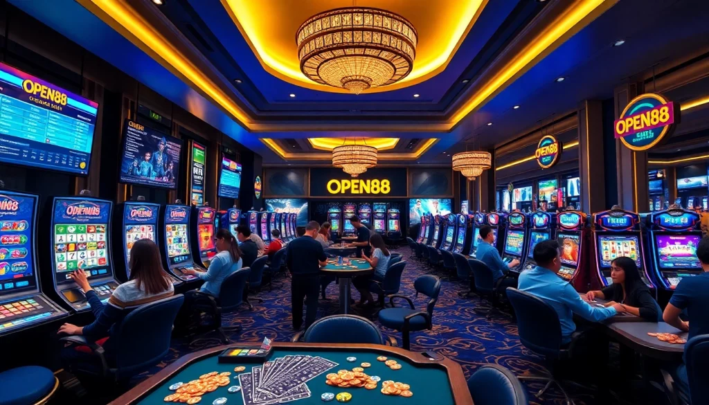 Exciting OPEN88 online casino atmosphere with players engaged in diverse games and vibrant digital interfaces.