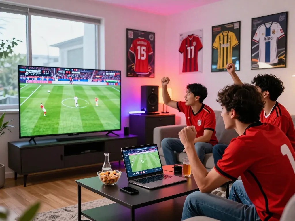 Luong Son football fans enjoying a live match on LuongSonTV with snacks and vibrant atmosphere.