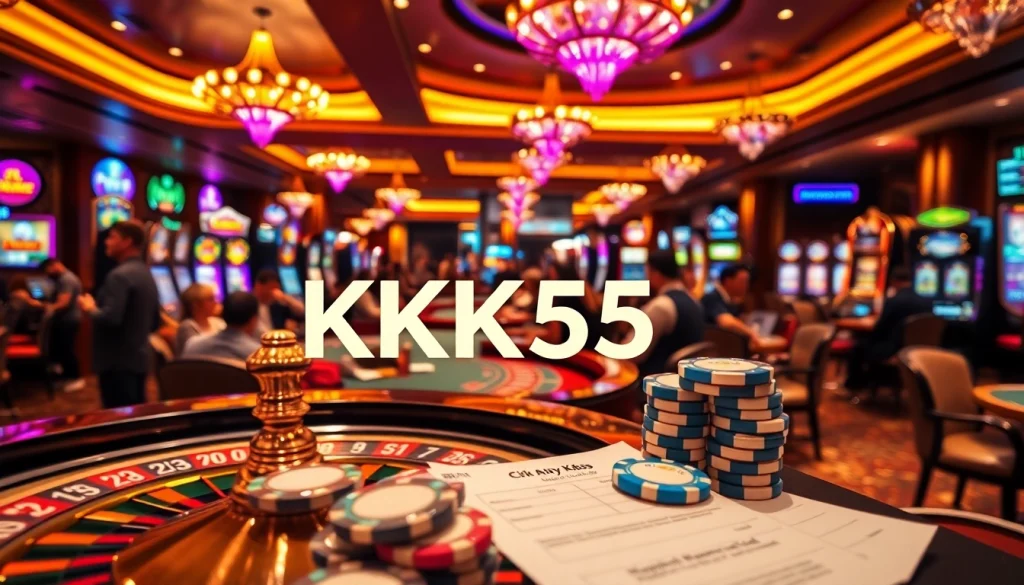 Experience the thrill of KK55 gaming with vibrant chips and betting action in a luxurious casino setting.