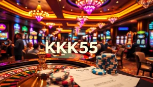 Experience the thrill of KK55 gaming with vibrant chips and betting action in a luxurious casino setting.