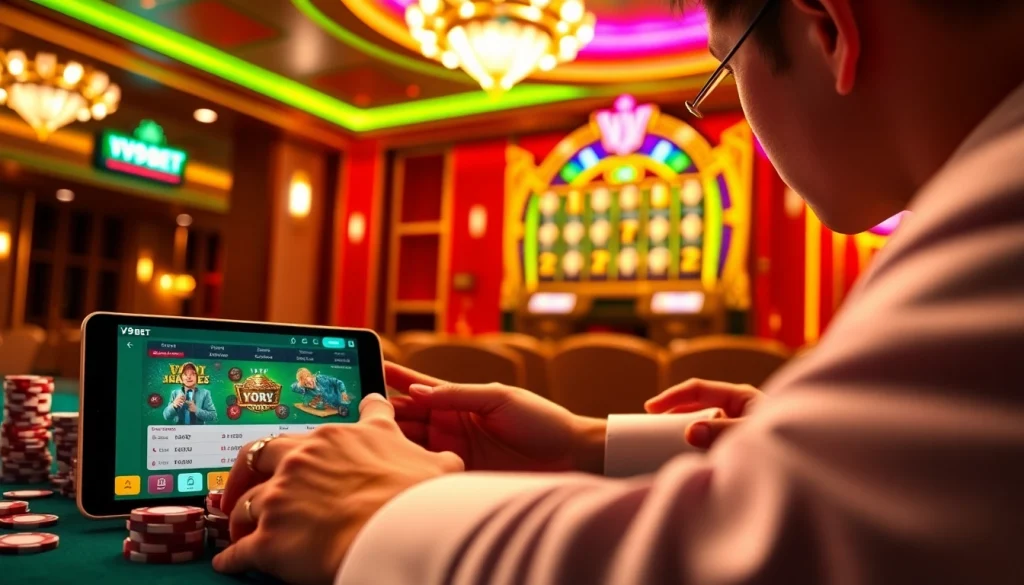 V9 bet user enjoying an online gambling experience on sleek devices amidst an upscale casino environment.