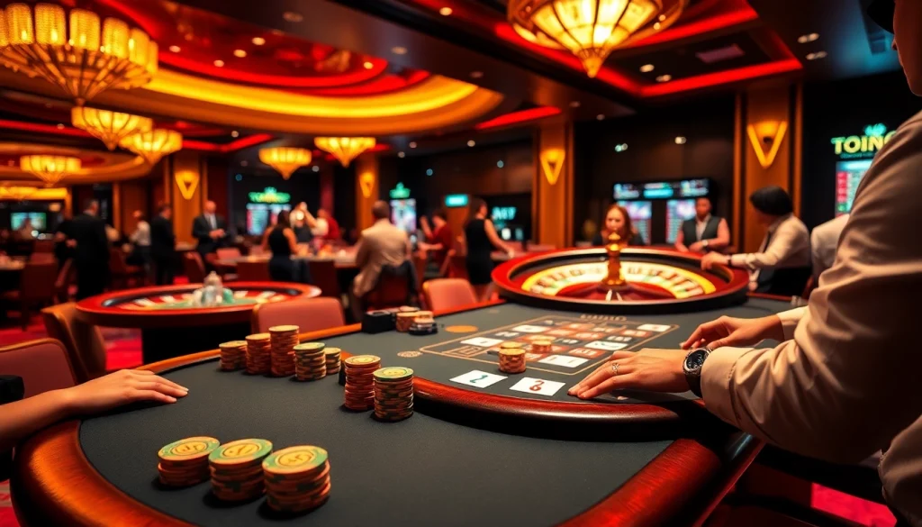 Captivating casino scene at 777VIP with poker chips, cards, and roulette wheel creating an atmosphere of excitement.