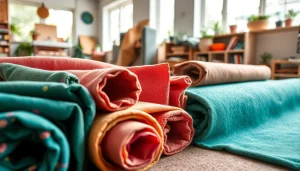 Duurzame stoffen in een creatieve studio met verschillende texturen en kleuren.