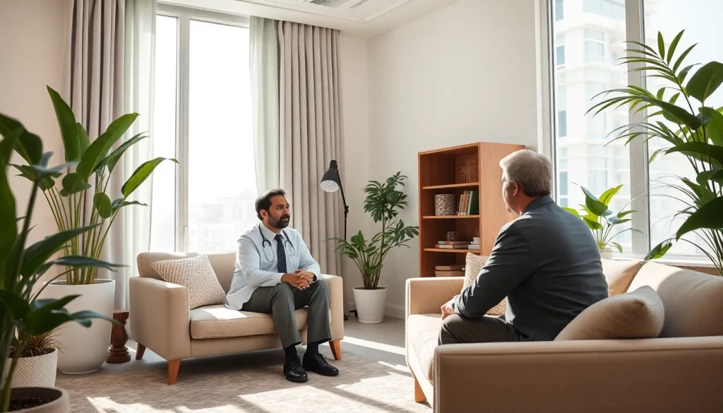 Offering insights and guidance, a psychiatrist dubai connects with a patient in a calming office.