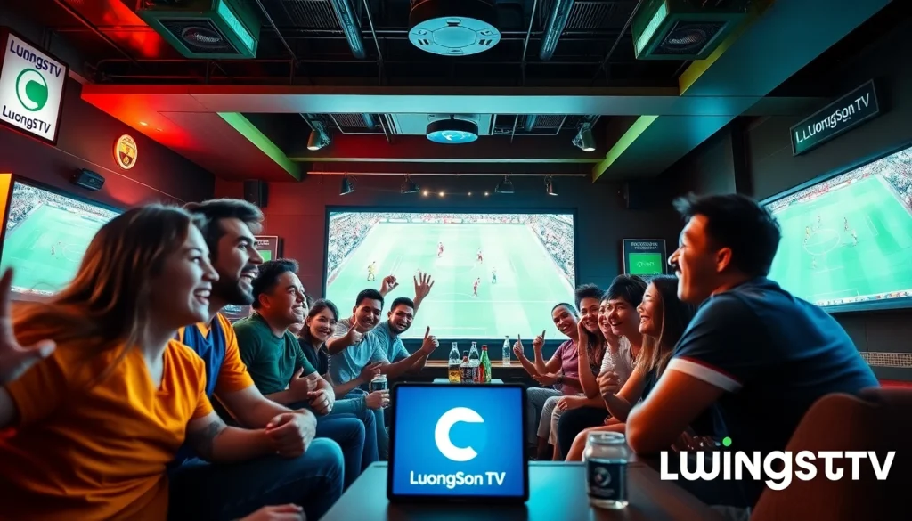 Fans enjoying live football on LuongSon TV in a vibrant sports bar setting.