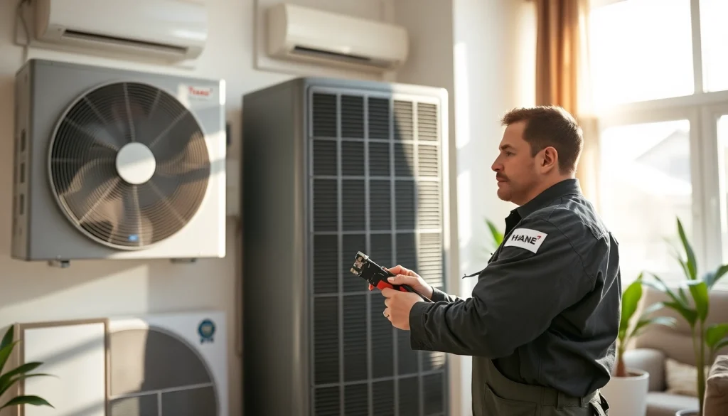 Technician working on trane alberta HVAC system in a modern home setting.