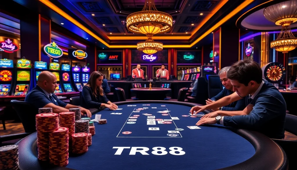 Experience the thrilling gameplay at TR88's vibrant casino filled with poker tables, slot machines, and roulette wheels.