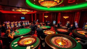 Joueurs engagés appréciant des jeux dans un casino en ligne haut de gamme avec des tables vibrantes et une ambiance joyeuse.