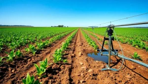 Illustration of land irrigation system showcasing vibrant crops and effective water management.