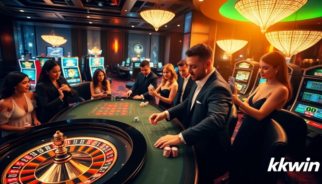 Kkwin casino scene showing gamblers in an online gaming experience with poker chips and a roulette wheel.