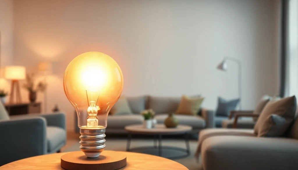 Brightly lit a19 led bulb enhances a cozy living room, radiating warm light.