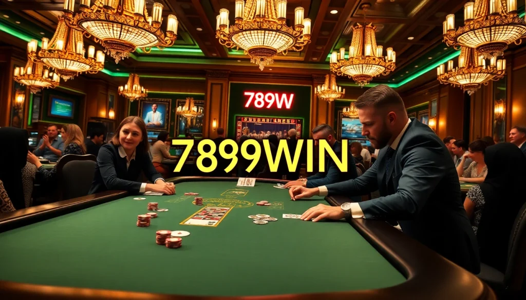 Experience thrilling poker action at a luxurious casino with 789WIN, showcasing intense gameplay and vibrant atmosphere.