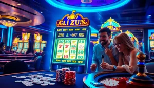 Players enjoying the thrill of Slot Zeus, the electrifying slot machine in a casino setting filled with excitement.