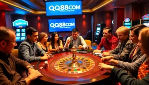 Players enjoying an exciting poker game at QQ88COM casino, surrounded by vibrant poker chips and cards.