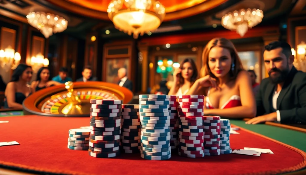 Players strategizing a poker game at MERAH45 casino table with vibrant chips and cards.