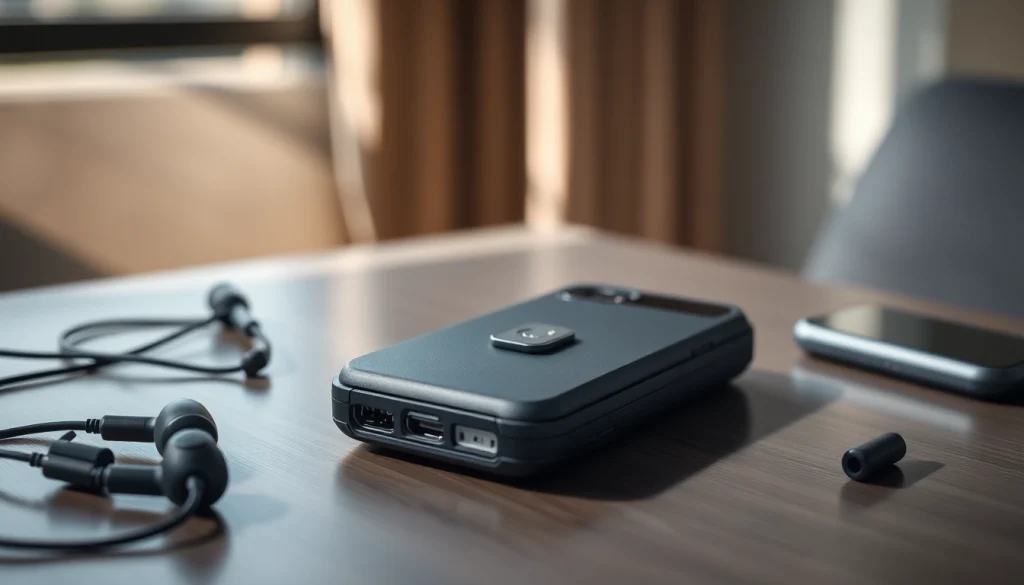 Handy Tasche abschließbar präsentiert mit stilvollem Zubehör auf einem Tisch.