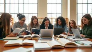 Students collaborating in a library for exam help strategies, showcasing a focused and bright study environment.