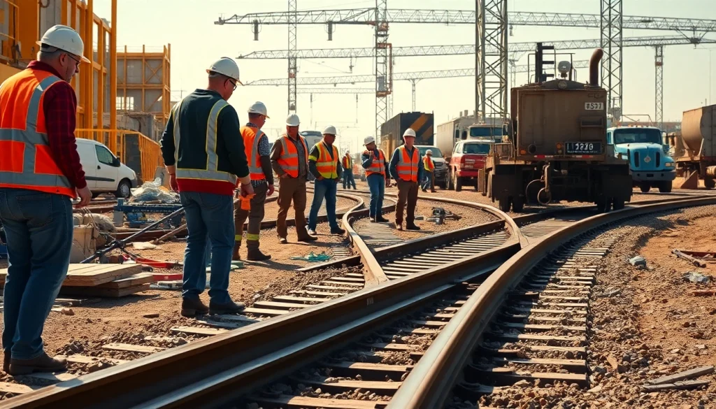 Railroad Contractors Near Me collaborating in a construction zone with visible tracks and safety gear.