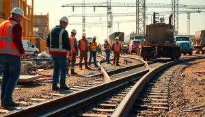 Railroad Contractors Near Me collaborating in a construction zone with visible tracks and safety gear.