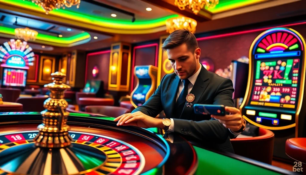 Experience the excitement of 28bet with vibrant gaming visuals, including poker chips and a roulette wheel.