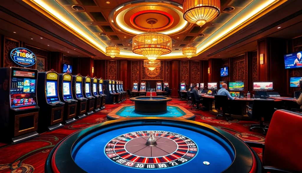 Exciting online gambling scene at https://tr88.work/ featuring vibrant casino tables, poker chips, and thrilled players.