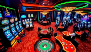 Exciting casino scene at LV88 with players enjoying slot machines and roulette tables.